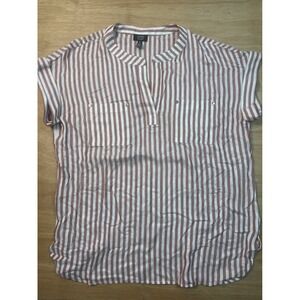 Jones New York Blouse Women L Red White Excellent Striped Split Neck Cuffed